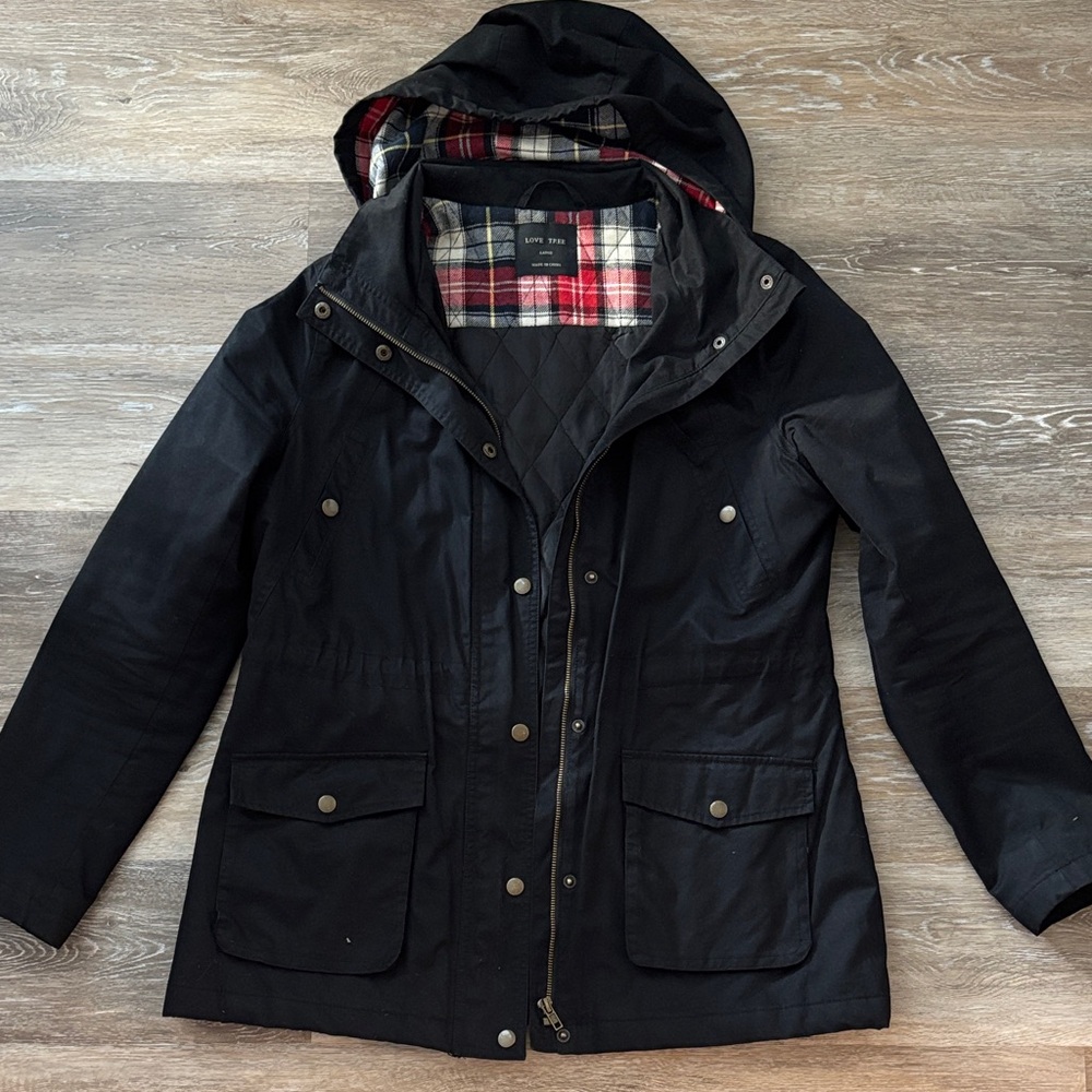 Love Tree Black Hooded Utility Jacket